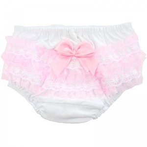 Baby Girls White & Pink Bow Lace Cotton Knickers